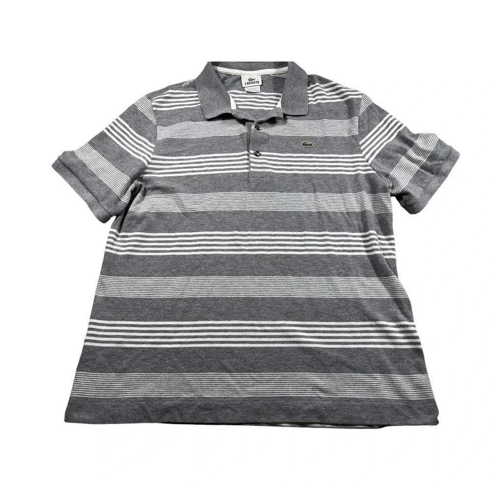 Lacoste Gray White Striped Polo Shirt‎ Men's Size 6 Short Sleeve